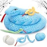 MorisMos Giant Snake Stuffed Animals Mommy with Babies & Eggs,55" Mama Stuffed Snake Toy for Kid Girl Boy,Realistic Blue Anaconda Toy,Colorful Baby Python Toys for Halloween Decor/Jungle-Themed Party