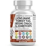 Clean Nutraceuticals Lions Mane 20in1 Mushroom Supplement with Turkey Tail Reishi Cordyceps Chaga Maitake Meshima Poria Cocos Shiitake Oyster Porcini Enoki - 1 Pack