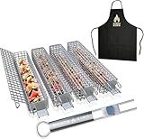 ORIGINAL XL Kabob Grilling Basket Set of 4 with Detachable Handle. UPGRADED DESIGN - New & Improved Stainless Steel Construction with Larger Capacity (12 x 2 x 2) for Outdoor Grilling by Kabob King (With Apron/Storage)