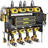 ZESEN Power Tool Organizer Wall Mount, 3 Layer Charging Station with 6 Outlets, 4 Drill Holders and Drill Bit Rack, Tool Holder Storage Shelf Rack for Garage, Workbench and Workshop, Black