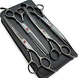 7.0in Titanium Black Professional Pet Grooming Scissors Set,Straight & Thinning & Curved Scissors 4pcs Set for Dog Grooming,(Black)