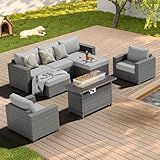 ABCASA Patio Furniture Set with Fire Pit Table, 44" 60,000 BTU Flame Comfortable 8 Piece Wicker Rattan Outdoor Furniture Set with Propane Fire Pit, Patio Conversation Sets for Porch,Deck,Poolside,Grey