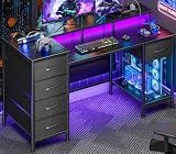 Korfile 47 Inch Gaming Desk with Power Outlets and LED Lights, Reversible Computer Desk with 5 Fabric Storage Drawers, Home Office Desk with Monitor Stand for Working Writing Study, Black