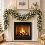 9FT Christmas Garland with Lights, 100 LED Artificial Pine Garland | with Pinecones and Red Berries, Battery Operated Greenery for Mantle, Stairs, Fireplace, Door, Indoor Outdoor Decor