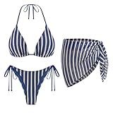 Blue Women's 3 Piece Sexy Triangle Crochet Bikini Set - Halter Tie Side Swimsuit with Cover Up for Beach Vacation 2026 XS