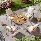 SUNCOZE Outdoor Patio Dining Table and Chairs Set, 5 Pieces PE Rattan Patio Furniture Set with Cushion and Umbrella Hole, Wicker Patio Conversation Sectional Sets for Porch, Backyard and Lawn, Beige