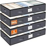 SpaceWhisper 90L Under Bed Storage Containers, 4-Pack Storage Bins with Clear Top, Foldable Closet Organizers and Storage with Label Holder for Clothing, Blankets, Comforter & Pillows (Grey)