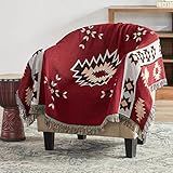Touchat Native American Blanket Boho Throw Blanket for Sofa and Bed, Mexican Decorative Farmhouse Blanket, Southwest Decor Woven Blankets, Aztec Throw Blankets Bohemian with Tassel(Wine,50×60 inch)