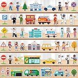 Gemscream 50 Pcs Wooden Community Helpers Play Set Community Includes Little Wooden People Buildings Cars Multicultural Figurines Toy Preschool Little Professionals Block Character (Classic)