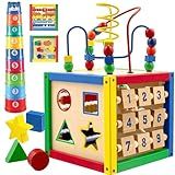 Play22 Wooden Activity Cube for Baby - 6 in-1 Baby Activity Play Cube with Bead Maze, Shape Sorter, Abacus Counting Beads, Counting Numbers, Sliding Shapes, Removable Bead Maze, 8Pcs Stacking Cups