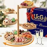 Tiered Charcuterie Board Gift for Women: Bamboo 360° Rotating Round Base with 4 Swivel Trays - White Elephant Gift Valentine Holiday Hosting Christmas Birthday Parties House Warming Gift for Couples