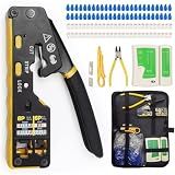 All-in-One RJ45 Crimp Tool Kit with Tester and Carrying Case, Pass Through Ethernet Crimper for Cat5 Cat5e Cat6, RJ11 RJ12 6P/8P, 50 Connectors and 50 Boots
