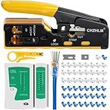 Rj45 Crimp Tool Pass Through Ethernet Crimping Tool kit for 8P-Cat7 Cat6 Cat5 6P Telephone Connector Network Crimp Tool RJ45 Crimper With Cable Tester Covers Connectors Mini Yellow Stripper