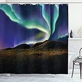 Ambesonne Alaska Shower Curtain, Alaskan Meadows in Night Aurora Borealis Natural Beauties of The North, Cloth Fabric Bathroom Decor Set with Hooks, 69" W x 70" L, Violet Turquoise