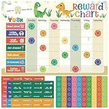 Reusable Magnetic Reward Chart with 76 Magnetic Behavior Stickers and 70 Reusable Star Stickers, Customizable Task Sections, Dry Erase Surface, Ideal for Kids and Young Children (Dinosaur)