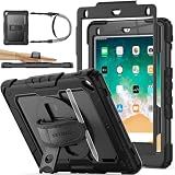 SEYMAC stock Case for iPad 6th / 5th Generation Case/Air 2 / Pro 9.7 inch, Heavy Duty Protective with Screen Protector, with Pencil Holder, Hand Strap, Shoulder Strap, 360 Rotate Stand, Black