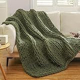 WESHIONGOO Chunky Knit Blanket Throw 51"×63" Knitted Throw Blankets for Couch Bed Fluffy Soft Blanket with Jumbo Chenille Yarn Thick 100% Handmade (Olive Green)