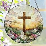 8 Inch Stained Glass Cross and Wildflowers Suncatcher Christian Stained Glass Windows Hanging Flower Cross Gift for Religious Easter Faith Christian Gifts Religious Home Decor