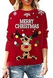 Pink Queen Women's Christmas Sweater Round Neck Long Sleeve Reindeer Letter Swowflake Ugly Knitted Jumper Top Red XL