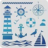 BENECREAT Lighthouse PET Plastic Drawing Templates 11.8x11.8 Inch Compass Anchor Template Stencil for Scrabooking Card Making, DIY Wall Floor Decoration