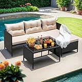 Devoko Outdoor Patio Furniture 3-Piece Rattan Waterproof Outdoor Sectional Sofa All-Weather L Shaped Patio Couch with Cushion Glass Table for Balcony, Garden (Beige)