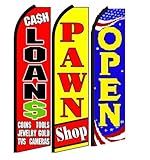 OnPoint Wares Cash loans Pawn Shop Open King Swooper Flag | 3 ft by 11.5 ft Advertising Pawn Shop Flag | Weatherproof Polyester Cash loans Flag For Business | Outdoor Flag Pack of 3 (Hardware Not Included)
