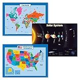 3 Pack - USA & World Map for Kids + Solar System Poster Set (LAMINATED, 18" X 24")