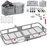 Mockins 60"x20"x6" Gray Heavy Duty Trailer Hitch Cargo Carrier & 16 CuFt Waterproof Cargo Bag for Hitch Carrier | 500 Lbs. Capacity Folding Luggage Rack for SUV Car Truck Van & RV w/Cargo Accessories