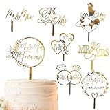 8 Pcs Mr and Mrs Cake Topper, Gold Acrylic Wedding Cake Toppers, Personalized Wedding Cake for Weddings, Engagement, Anniversary，Bridal Shower Cake Decoration