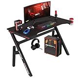 BestOffice | 47" Gaming Desk | Red | Carbon Fiber Textured Computer Desk | Sturdy Steel Frame, Cup Holder, Headphone Hook, Cable Management Holes, Adjustable Leg Pads | for Gamers, Home, Office