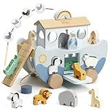 Joyreal Wooden Noah's Ark Toy for 1 Year Old Baby Boy and Girl Baptism Gift - Neutral Color Montessori Educational Toy with Animal Shape Sorter - Christian Toys for Toddler 1-3 Christmas Birthday Gift
