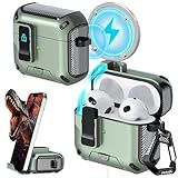 RFUNGUANGO for AirPods Case (2021, 3rd Generation), Compatible with AirPods 3rd Generation, Compatible with MagSafe, Drop Protection Case with Stand Feature, with Cleaning Tool -A-Black+Apple Green