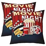 Feelyou Movie Night Reversible Throw Pillow Covers for Theater Cinema Poster Pillow Covers Home Decor Old Fashion Home Decor Square Cushion Covers Set of 2 Popcorn Snacks 18 x 18-Inch