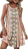 elescat Summer Dresses for Women Sleeveless Sundresses, Pink Boho Flower, L