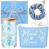 Umigy Maid of Honor Proposal Gifts Set of 5 with Maid of Honor Glass Cup Makeup Bag Scrunchies Hair Tie Diamond Ballpoint, Proposal Gift Box with Raffia for Wedding Party Favors(Blue)