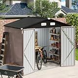 Aoxun 8x6 FT Outdoor Storage Shed with Base Garden Metal Shed with Lockable Door Outdoor Large Shed for Tool, Garbage Can, Bike, Mower, Brown