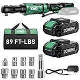 KIMO 20V Cordless Ratchet Wrench 3/8, 89Ft-lbs 400RPM Electric Ratchet Wrench Set with Variable Speed, 2x2.0Ah Battery Ratchet, LED Light, 7Socket, 3/8" to 1/4" Adapter, 3" Extension Bar, Fast Charger