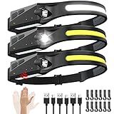 Rechargeable Headlamp 3PCS, 230° Wide Beam Head Lamp, Motion Sensor LED Headlamp Rechargeable, 5Mode Bright Headlamps for Adults, Head Lights for Forehead, Hard Hat Headlight, Camping Essentials Gear