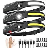 Rechargeable Headlamp 3PCS, 230° Wide Beam Head Lamp, Motion Sensor LED Headlamp Rechargeable, 5Mode Bright Headlamps for Adults, Head Lights for Forehead, Hard Hat Headlight, Camping Essentials Gear