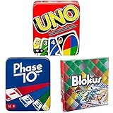 UNO Family Card Game in Sturdy Storage tin, Blokus Game, and Phase 10 Card Game in Decorative tin, Games for All Occasions, Kids Gift for Ages 7+