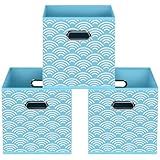 Yunkeeper Fabric storage bins Cubes, Fabric Cube Organizer with Handle, Foldable Cube Bins for Cloth or Accessary Storage, 11x11x11, Set of 3, (Blue clouds)