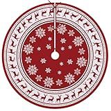 Fzbali Snowflake Reindeer Red Christmas Tree Skirt, 48 Inches Lace-up Xmas Tree Skirt, Winter Holiday Party Indoor Decoration Home Decor