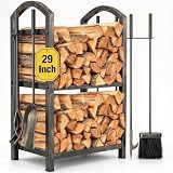 AMAGABELI GARDEN & HOME 29in Firewood Rack Indoor with Tools 5-Piece Fireplace Tools Set Wood Holder Outdoor Wrought Iron Log Holder Firewood Storage Rack for Fireplace,Fire Pit,Wood Stove Bronze