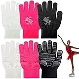 Jiuguva 3 Pairs Ice Skating Gloves Figure Skating Accessories Gloves with Snowflake Rhinestone for Kid Girl(Black, White, Pink)