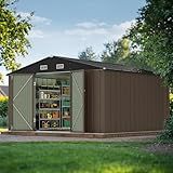 JUMMICO 10 x 10 FT Outdoor Storage Shed, Large Metal Garden Shed & Tool Sheds for Backyard Garden Patio Lawn (Brown)