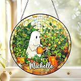 Hyturtle Personalized Cute Ghost Plant Stained Glass Suncatcher - Cute Boo Gifts for Lovers Women - Halloween Ghost Decorations - Fall Hosting Decor - Custom Name Window Hanging Suncatcher Decor