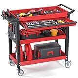 XCX 3 Tier Tool Cart on Wheels, Heavy Duty Metal Rolling with Drawers and Pegboards, 660 LBS Load Capacity Tool Storage Cart, Industrial Utility for Garage, Warehouse, Workshop