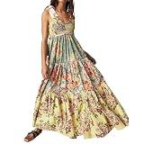 ABYOVRT Women Floral Maxi Dress Tie Shoulder Patchwork Smocked Flowy Boho Dress with Pockets Summer Vacation Sundress(Yellow,L)