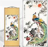 Zzooi Chinese Auspicious Painting Phoenix Wall Art Hanging Silk Scroll,Lucky Feng Shui Decor