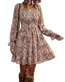 BTFBM Women's Mini Smocked Wedding Guest Dress,Print Flower Brown,M